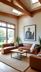 A modern living room featuring a leather sofa, coffee table, and large windows.