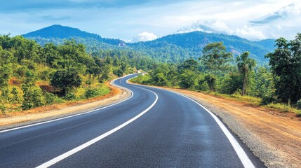 A smooth newly paved road cutting through a rural landscape, surrounded by greenery