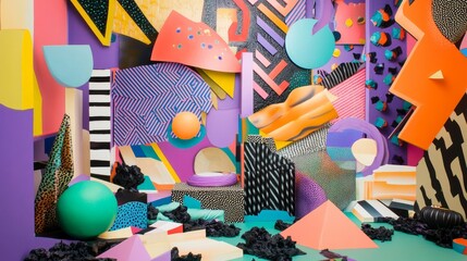 Colorful geometric shapes and patterns create an abstract art installation in a vibrant setting