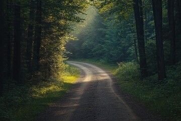 Obraz premium Serene Winding Forest Path Surrounded by Lush Green Trees and Illuminated by Golden Sunlight Beams