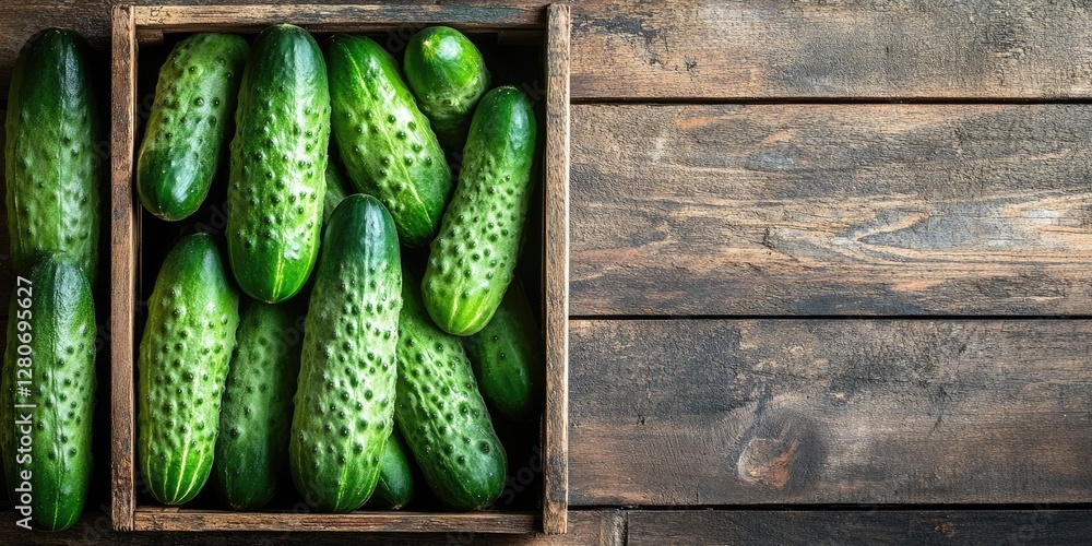 Poster Fresh green cucumbers neatly arranged in a rustic wooden box on a dark wooden surface with ample copy space on the right side of the image