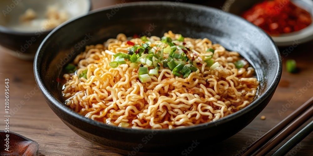 Aufkleber bowl of fried instant noodles with green onions on top set on wooden table with chopsticks and bowls