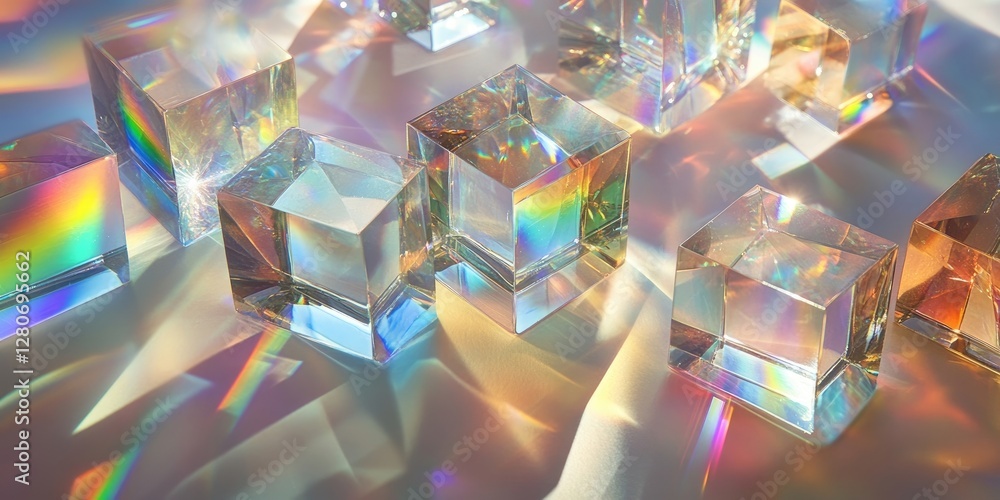 Poster colorful glass cubes casting light reflections on a soft white surface, arranged in a dynamic layout