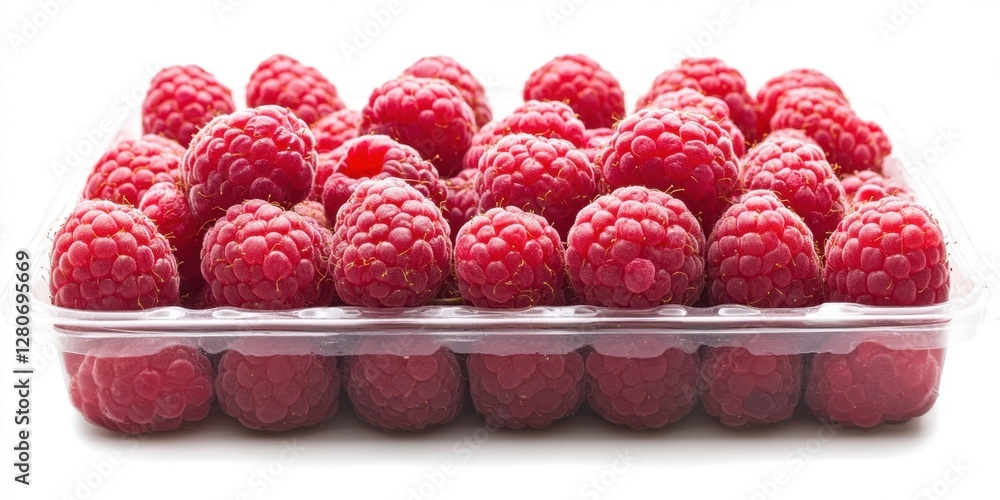 Poster Fresh raspberries stacked in a clear plastic container on a white background showcasing their rich red color and appetizing texture prominently