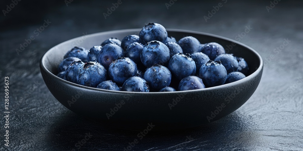 Poster fresh blueberries arranged in a deep black bowl on a dark textured surface with droplets of water gl
