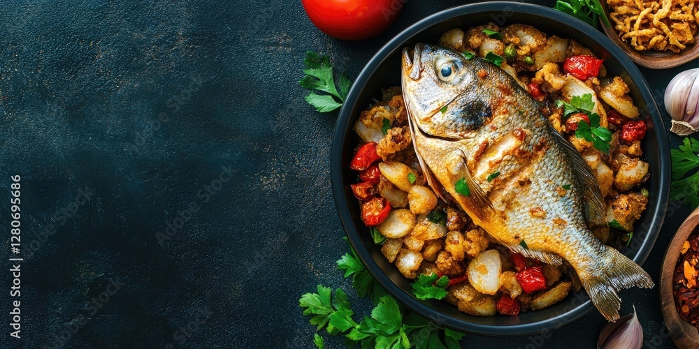 Poster fried fish on a dark slate background with crispy garlic, tomatoes, and chopped parsley, featuring a