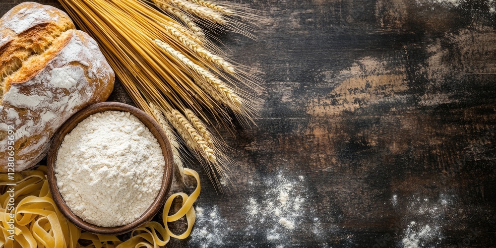 Poster top view of freshly baked bread and pasta beside a bowl of flour and wheat ears on a textured dark w