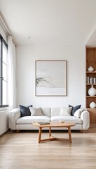 Minimalist living room with white walls and light wood floor featuring a couch and coffee table.