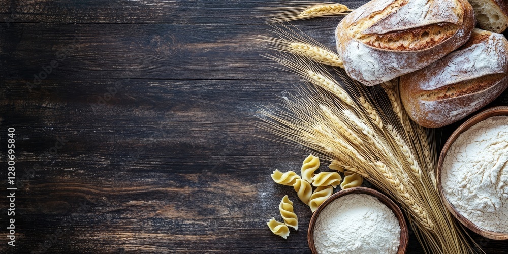 Poster Homemade bread and pasta placed beside bowls of flour and wheat ears on dark wooden surface creating a rustic top view with space for text.