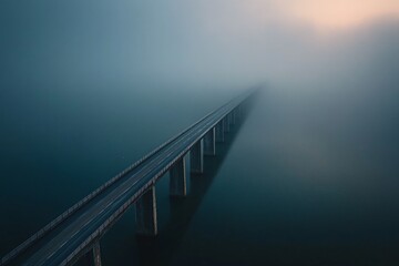 Obraz premium Long Elevated Bridge Extending Over Calm Water Into Dense Fog At Dawn With Moody Blue Atmosphere