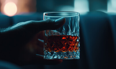 Experience the Elegance of Whiskey: A Luxurious Evening Sip in a Handcrafted Glass with Rich Amber Color Captured in a Dreamy Bokeh Setting
