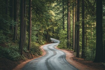 Fototapeta premium Winding Road Through Dense Lush Green Forest with Tall Trees in Serene Natural Landscape