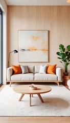 A modern living room with wooden walls and furniture.