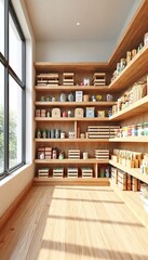 A well-stocked room with wooden shelves and a window is visible.