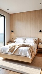A modern bedroom with a minimalist aesthetic featuring light wood paneling on the walls and ceiling, a bed with white bedding and a beige blanket, and a large window that lets in natural sunlight.