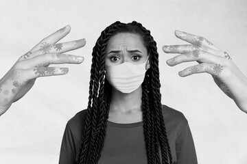 Photo retro pinup collage picture image of worried nervous girl unknown illness arm bacteria wash...
