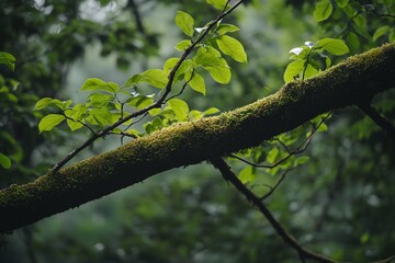 Fototapeta premium Mossy Tree Branch With Green Leaves In A Lush Forest With Soft Natural Light And Blurred Background