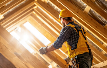 Fototapeta premium Construction worker installing wooden beams in house roof structure
