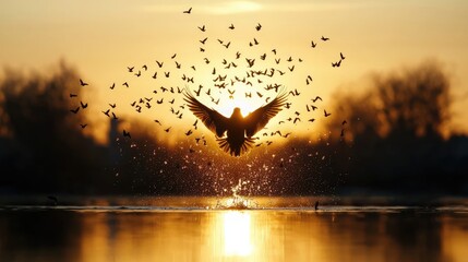Obraz premium Bird taking flight at sunset, water splash, flock