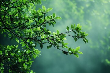 Fototapeta premium Fresh Green Leaves on Tree Branch with Morning Dew in Misty Forest Background for Nature Inspired Designs