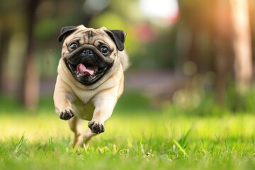 Obraz premium Happy pug dog running on a green meadow grass park