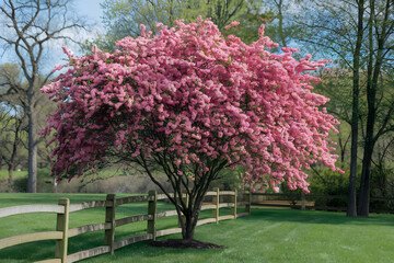 Naklejka premium Pink flowered tree stands near a rustic wooden fence