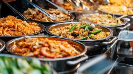 Fototapeta premium Exotic asian dishes steaming in silver serving platters at a buffet