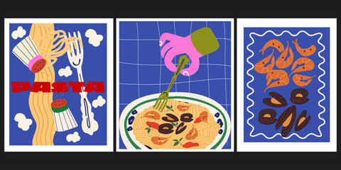 Italian cuisine abstract retro poster set. Seafood pasta with shrimps and mussels. Italian seafood dish modern banner for wall art, print. Mediterranean food. Vector illustration