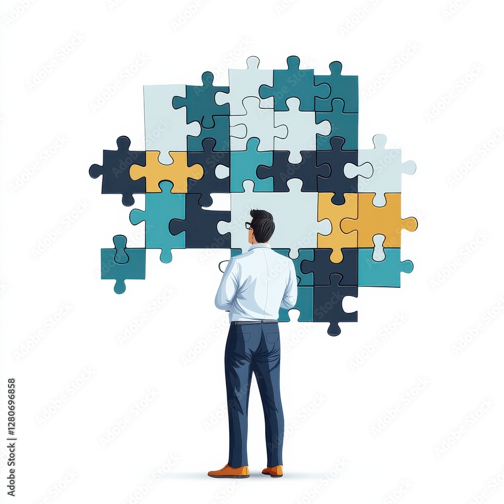 Poster a man stands contemplating a colorful puzzle, symbolizing problem-solving, complexity, and creativit