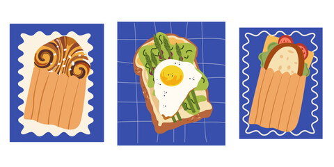 Traditional French dishes. French pastries, sandwich, macarons and baguettes. Sweet baked desserts from wheat flour. Snack food. Abstract retro posters for kitchens, cafes and wall decor