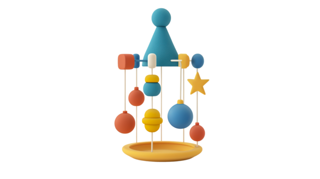 Colorful Baby Toy with Hanging Spheres and Rings on Transparent Background, PNG