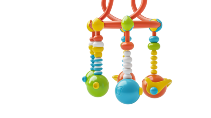 Colorful Baby Toy with Hanging Spheres and Rings on Transparent Background, PNG