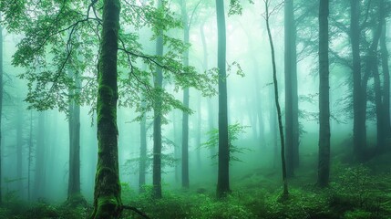 Fototapeta premium Lush green forest enveloped in mist showcases the tranquility of nature during early morning hours in a serene and untouched environment