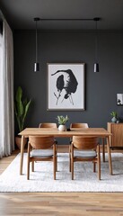 A modern dining room with dark grey walls and light wood floors.