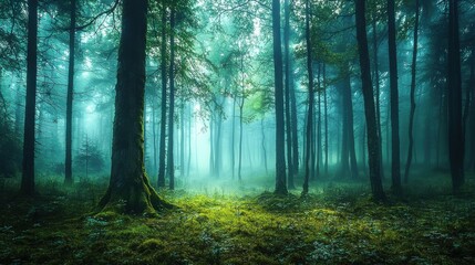 Obraz premium Misty woodland landscape with tall trees and soft light filtering through leaves during early morning hours