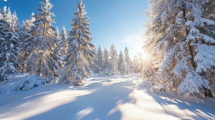Obraz premium Snow-covered forest bathed in sunlight during winter, showcasing tall trees and a serene landscape in the early morning hours