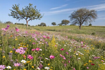 Vibrant Wildflower Meadow with Blooming Pink Purple and Yellow Flowers and Lone Trees Under Blue Sky