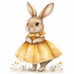 Obraz premium Cute bunny wearing yellow dress stands amid flowers with a cheerful expression in a whimsical setting