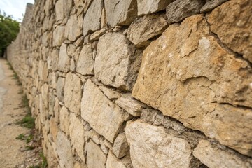 Obraz premium Closeup of Rustic Stone Wall with Beige and Brown Textured Surface in Outdoor Setting