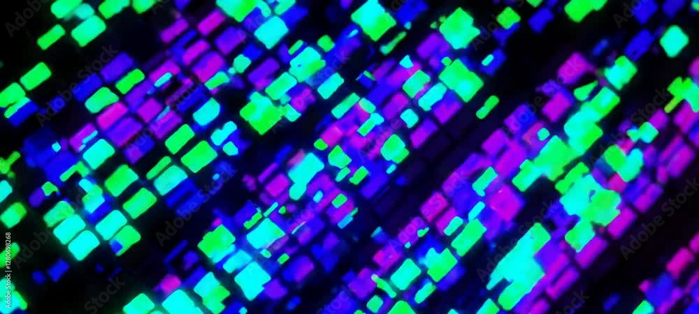 Poster dynamic abstract neon patterns evolving in rhythmic motion across geometric shapes