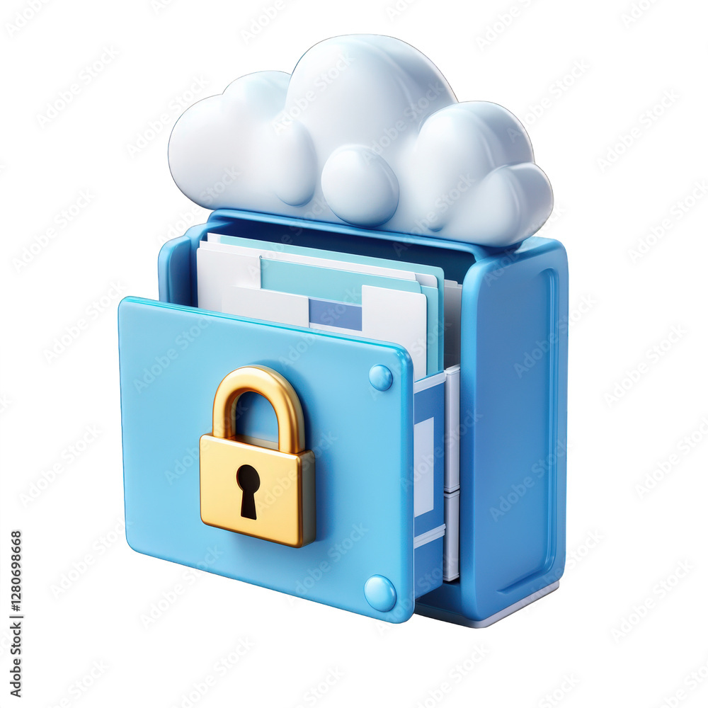 Poster copper lock protects files stored in folders, cloud data storage security concept