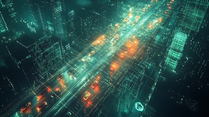 Futuristic Cityscape at Night with Glowing Traffic, Aerial view of a futuristic cityscape at night with glowing lights and busy traffic