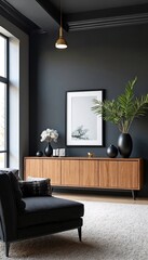 A modern living room with dark gray walls and furniture is depicted.