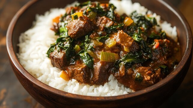 Malagasy romazava, a beef and greens stew served over rice.