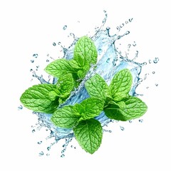 Fresh Spearmint Sprigs Immersed in Water Splash for Beverage and Culinary Design Imagery