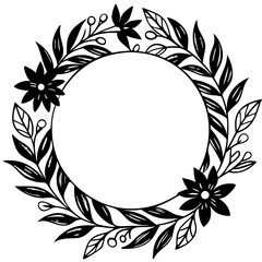 A floral wreath in line art with a black circle. black and white floral frame.