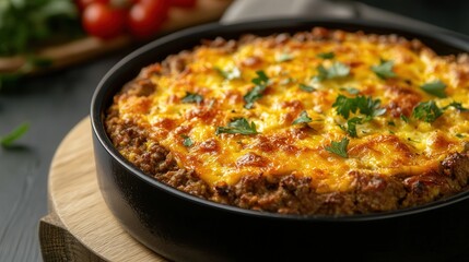 South African bobotie, a spiced minced meat dish baked with an egg topping.
