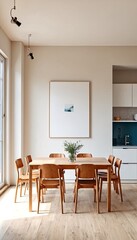 Minimalist home interior featuring a dining room and kitchen area.