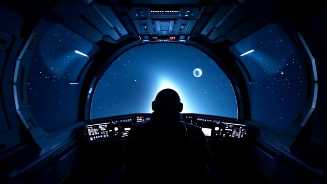 A pilot sits in a spaceship cockpit, facing a vast, star-filled window showing a distant, glowing planet. The interior is sleek and futuristic, with glowing purple and blue lights. Back view.