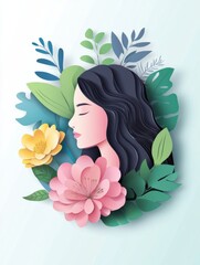 Celebrating International Womens Day with vibrant paper art of a woman amidst colorful flowers and leaves. Generative AI